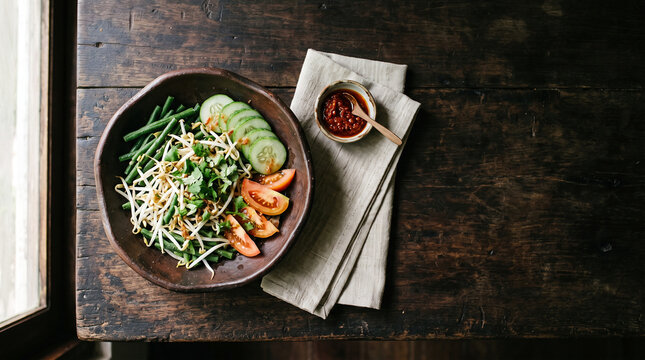 Traditional Indonesian vegetable salad with bean sprouts, cucumber, and spicy sambal on rustic dark wooden table with copy space