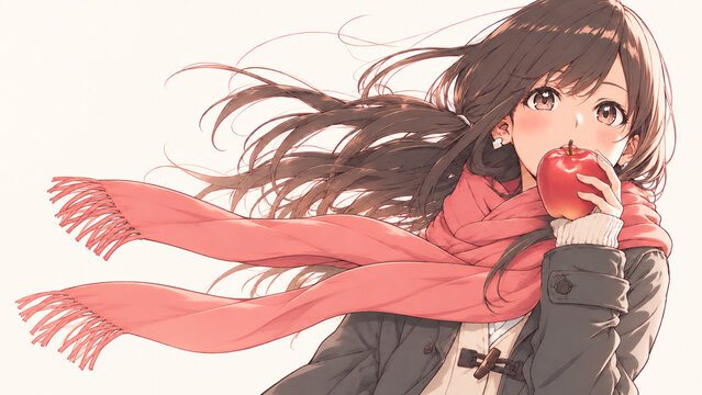 Anime woman in a pink scarf and winter coat holding a red apple，ピンクのマフラーと冬のコートで赤いりんごを手にするアニメ調の女性