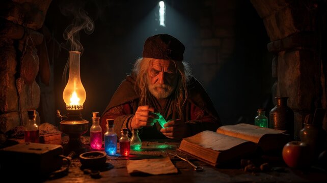 Elderly Alchemist Brewing Magical Potions in a Dark Laboratory