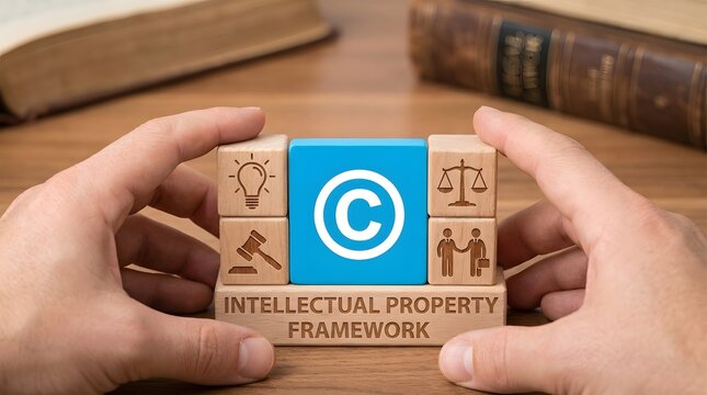 Hands holding intellectual property framework blocks for concept of business and legal protection.