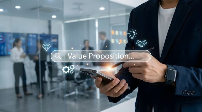 A business person searching for value proposition on a smartphone in an office setting, representing business strategy and innovation.
