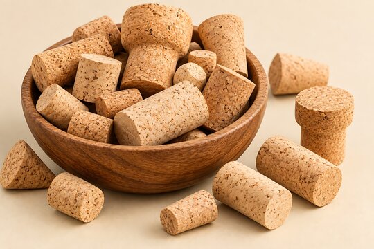 Collection of wine corks in wooden bowl