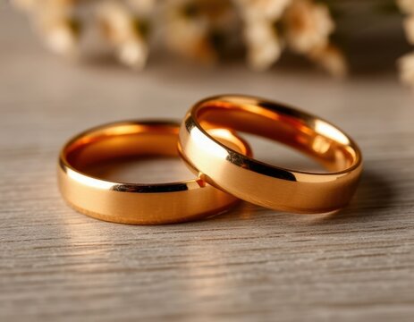 Two gold wedding rings placed on a wooden surface with delicate flowers blurred in the background, symbolizing love and commitment in a romantic setting