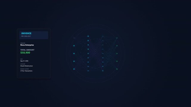 Advanced AI neural network analyzing invoice data with machine learning algorithms for intelligent financial insights and automation. 