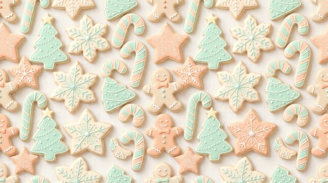 Christmas cookies pattern with gingerbread men, pine trees, snowflakes, and candy canes on white background