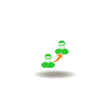 Vector illustration of two person or friends with arrow transfer from one person to another. Symbol of referral affiliate program. Icon of refer friend.