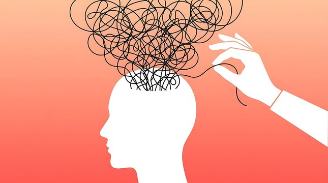 Mental Health Concept Illustration of Hand Untangling Messy Lines from Human Head for Clarity and Therapy