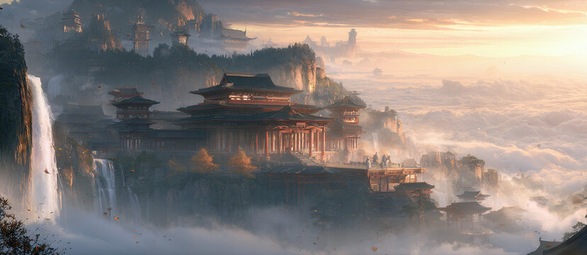 Majestic Floating Temple Kingdom Above the Clouds Fantasy Landscape, ai generated.