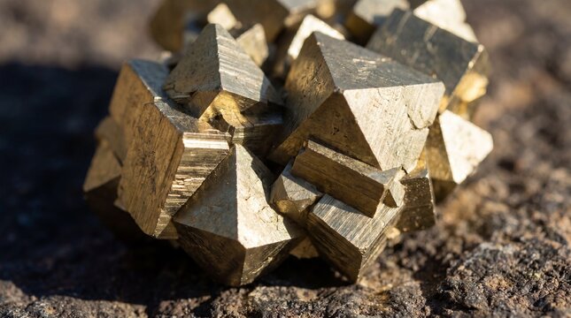 Natural pyrite crystal cluster on dark rock