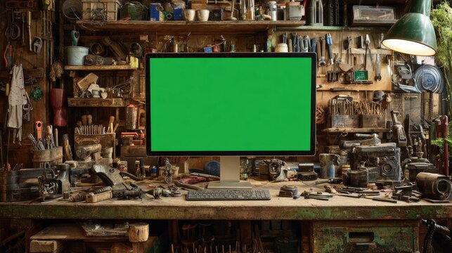 Green screen monitor in cluttered workshop