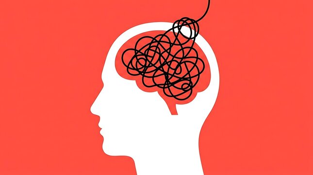 Human head silhouette with tangled wire brain illustration representing mental health, stress, confusion, and complex psychological thoughts