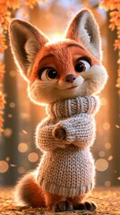 Obraz premium Adorable animated fox wearing a cozy knitted sweater standing confidently in an autumn forest with warm sunlight and falling leaves around it