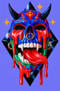 Colorful skull mask with horns and fangs dripping blood, celebrating Halloween and horror concepts