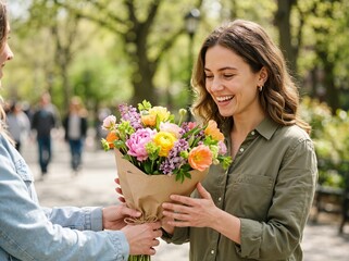 Fototapeta premium Smiling young woman receiving a colorful bouquet of flowers outdoors. Happy female getting a floral gift on a sunny day in the park. World Smile Day concept