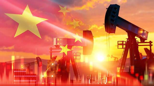 Oil industry, crude oil extraction in China with pumpjacks operating at sunset, representing petroleum production, energy supply and national economy.