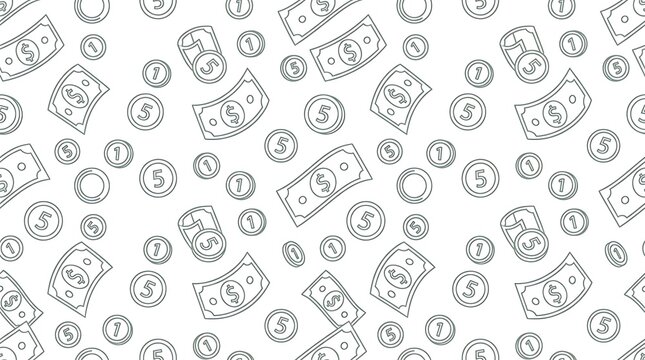 Seamless Money Pattern with Dollar Bills and Coins, Minimalist Line Art Background for Financial Business Design