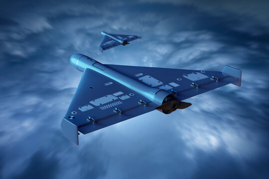 Military aviation, unmanned combat drones fly through stormy sky during a coordinated mission, representing modern warfare and autonomous technology.