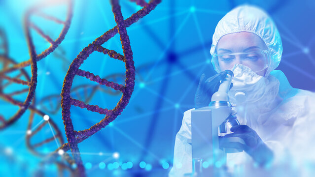 Biotechnology research, scientist examines biological samples through a microscope for DNA analysis, genetics, laboratory diagnostics and medical research.