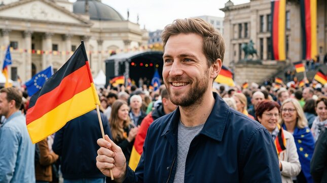 Cheerful young man waving German flag at public festival. Portrait of smiling man celebrating German Unity Day in city square crowd