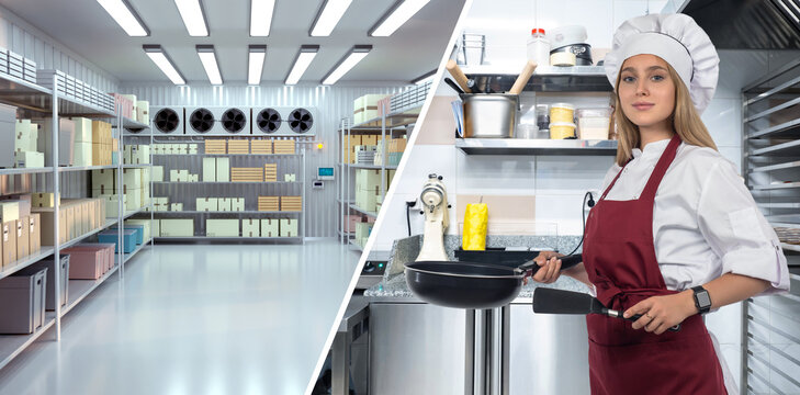 Restaurant refrigeration, chef works beside a cold storage room used to preserve ingredients and food products at controlled temperature.