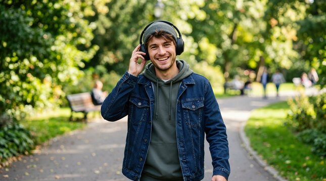 Smiling young man walking in park while listening to music. Casual male wearing denim jacket and headphones outdoors