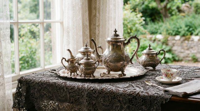 Vintage silver tea set on a lace tablecloth by a window.