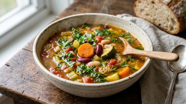 Steaming bowl of hearty vegetable minestrone soup with beans and herbs on rustic wooden table. Warm homemade vegetarian comfort food