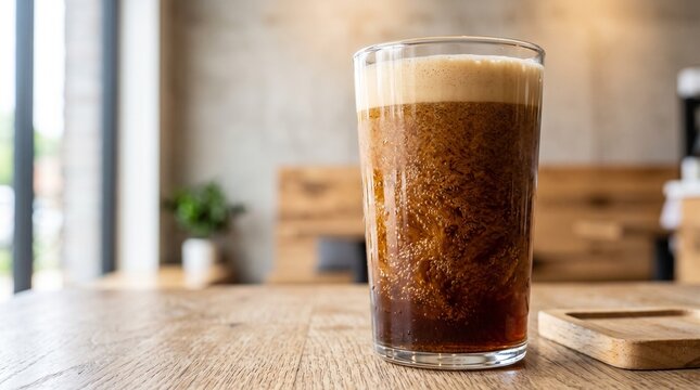 Refreshing cold brew coffee with rich foam served in a tall glass on a wooden table at a cafe