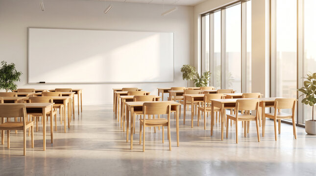 Empty modern classroom with wooden desks and large windows