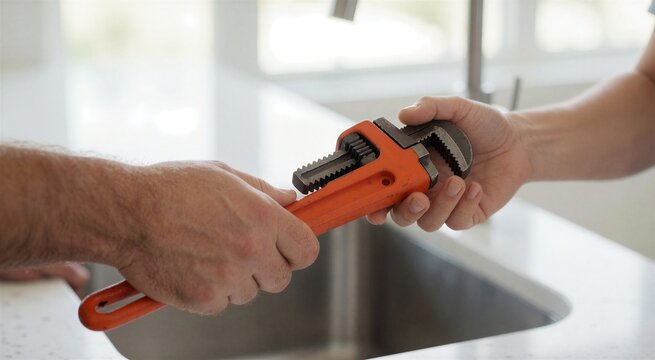 Close-up of two hands exchanging an orange-handled pipe wrench over a kitchen or bathroom sink area with a bright, clean aesthetic.