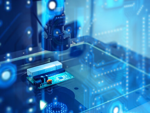 Electronics manufacturing, robotic equipment inspects and assembles circuit boards for automated production, quality control and industrial technology.