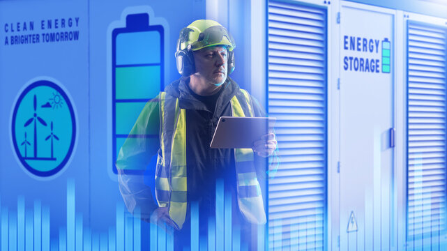 Energy storage, technician monitors battery containers with a tablet, managing renewable electricity storage, system performance and clean energy infrastructure.