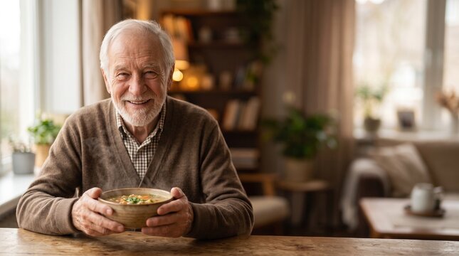 Smiling elderly man enjoys a warm bowl of hearty soup indoors during National Soup Month