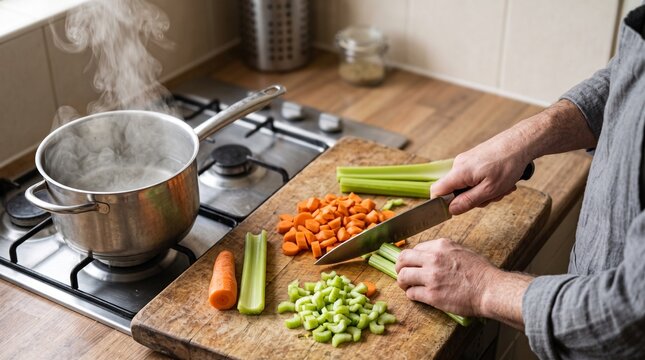 Man preparing ingredients for soup in kitchen, chopping carrots and celery near boiling water