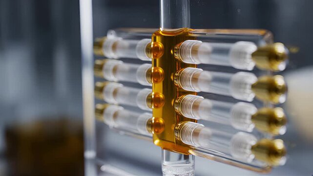 Macro Video of a Symmetric Microfluidic Manifold with Cylindrical Valves and Amber Liquid Flow: Precision Lab on a Chip for Pharmaceutical Automation and High-Throughput Screening