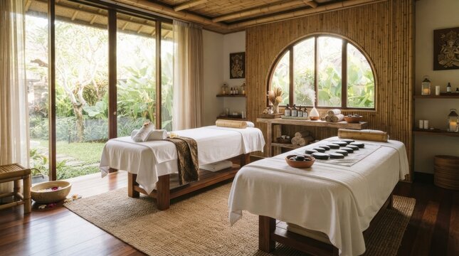 Luxurious serene spa room with two massage beds and garden view.