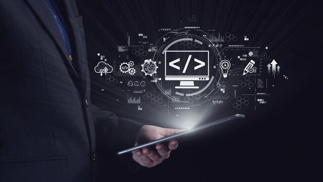 Modern web development concept featuring coding symbols, web development process, web development interface, and web development tools with futuristic design. Elide