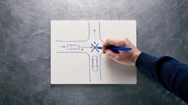 Hand drawing a car accident traffic intersection diagram on white paper