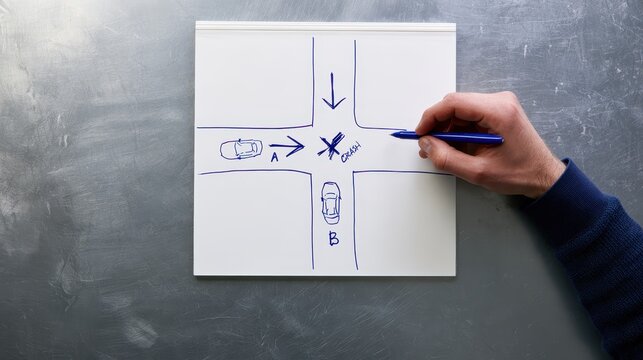 Hand drawing a car accident diagram on a notepad with a blue pen