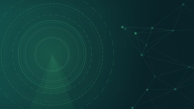 Radar interface with concentric dashed circles and a scanning beam on a dark green gradient field with scattered light dots resembling a network.