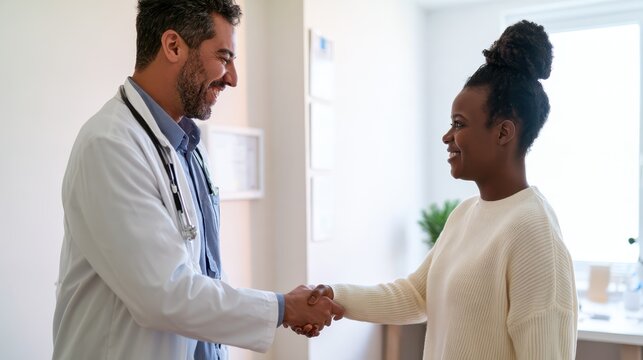 Male doctor shaking hands with a female patient in a medical clinic office