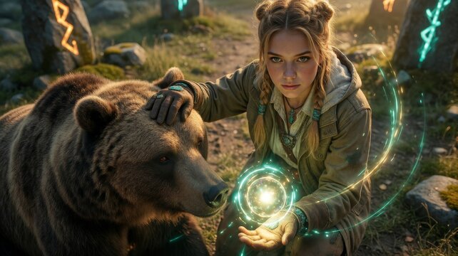Fantasy Ranger with Brown Bear and Magical Energy Orb