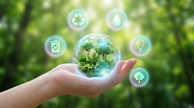 Human hand holding a glass sphere with miniature forest ecosystem and floating environmental icons for sustainability and green energy concepts