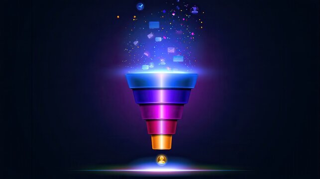 Abstract 3D marketing funnel with digital icons on a dark background