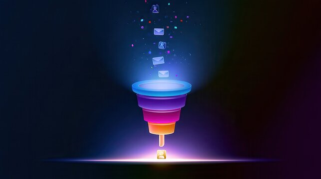 3D marketing sales funnel converting digital leads on dark background