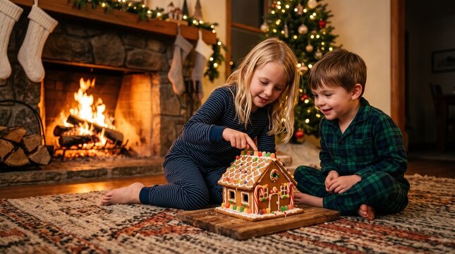 Children decorating a gingerbread house by a cozy fireplace and Christmas tree on Gingerbread House Day
