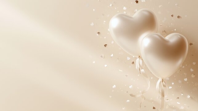 Elegant romantic scene with two pearl white heart-shaped balloons floating with scattered small hearts on soft beige background for celebrations