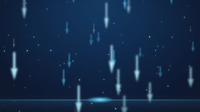 Glowing blue arrows pointing downward floating in a dark space with scattered particles of light and a horizontal horizon line at the bottom.