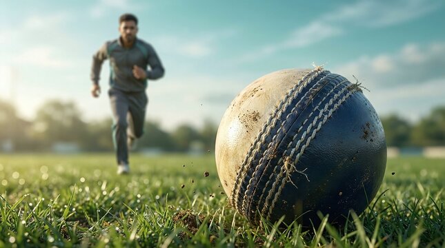 Close up of cricket ball on green grass with blurred runner