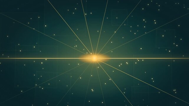 A glowing horizontal line of light with a central sphere, set against a dark teal featuring faint, translucent geometric square outlines and dots.